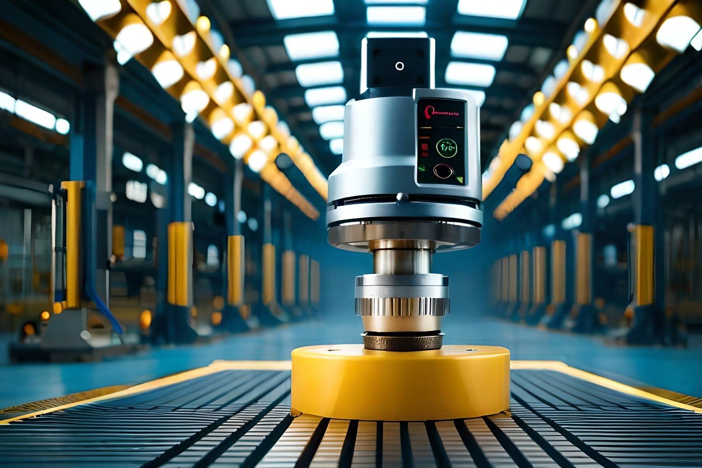 A modern industrial robot with a sleek metallic body is positioned on a yellow base in a well-lit factory setting. The background features rows of symmetrical machinery with bright overhead lights, creating a sense of depth and precision.