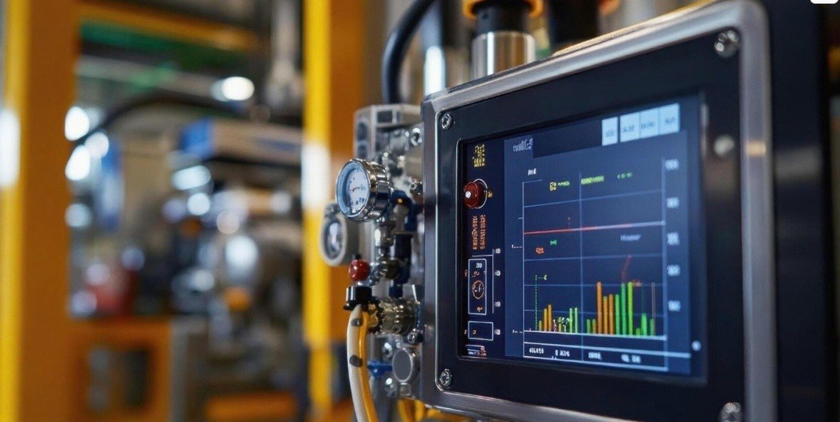 A close-up of an industrial control panel with a digital display showing colorful graphs and data, surrounded by gauges and valves, set in a brightly lit manufacturing environment.