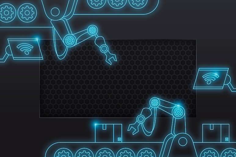 A digital illustration shows robotic arms with glowing blue outlines working on a conveyor belt, handling boxes. The background features a dark hexagonal pattern, and screens display Wi-Fi symbols, indicating connectivity.
