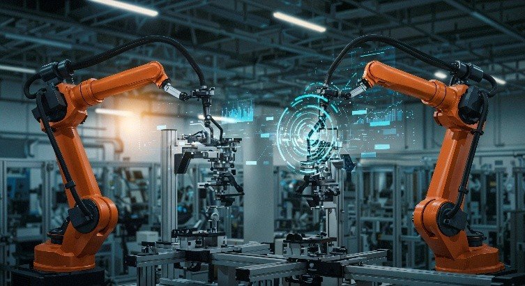 Two orange robotic arms are working in a factory setting, assembling components with precision.