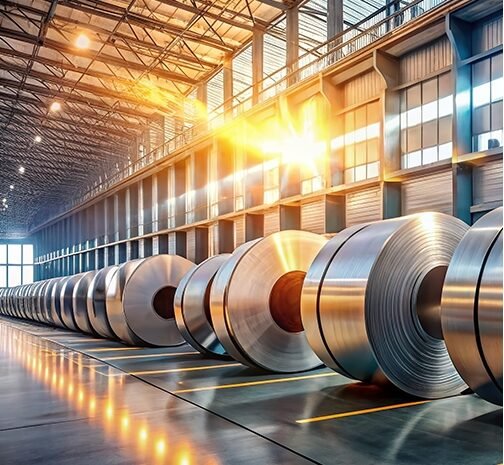 Rolls of shiny metal are neatly lined up in a spacious industrial warehouse, with sunlight streaming through high windows, casting a warm glow on the polished surfaces.