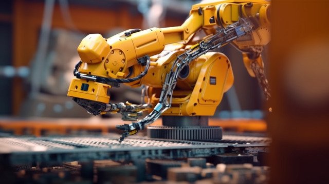 A yellow industrial robotic arm is actively working on a metal grid in a factory setting, with visible cables and mechanical joints enhancing its functionality.